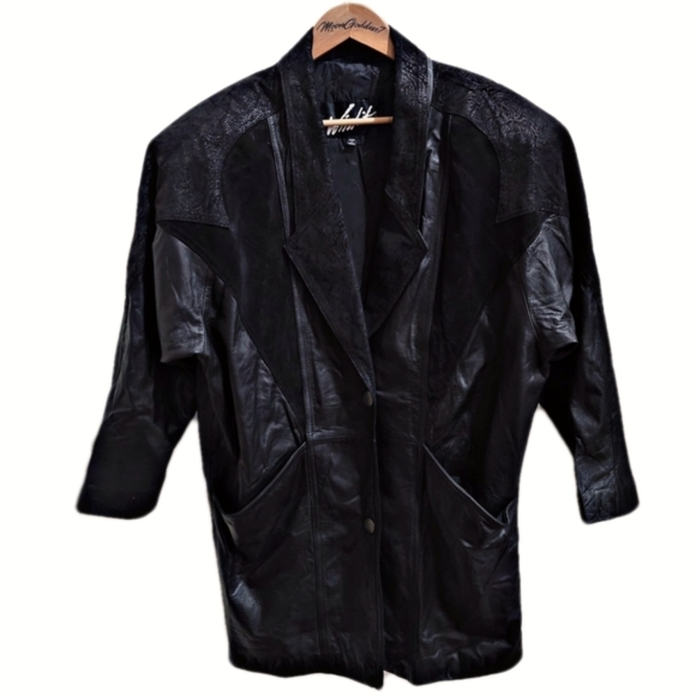 Winlit ✦ 80s Black Genuine Leather Trench Coat ✦ Paneled Longline Vintage Broad - Picture 5 of 16